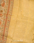 Honey Yellow Embroidered and Digital Printed Pure Kora Silk Saree