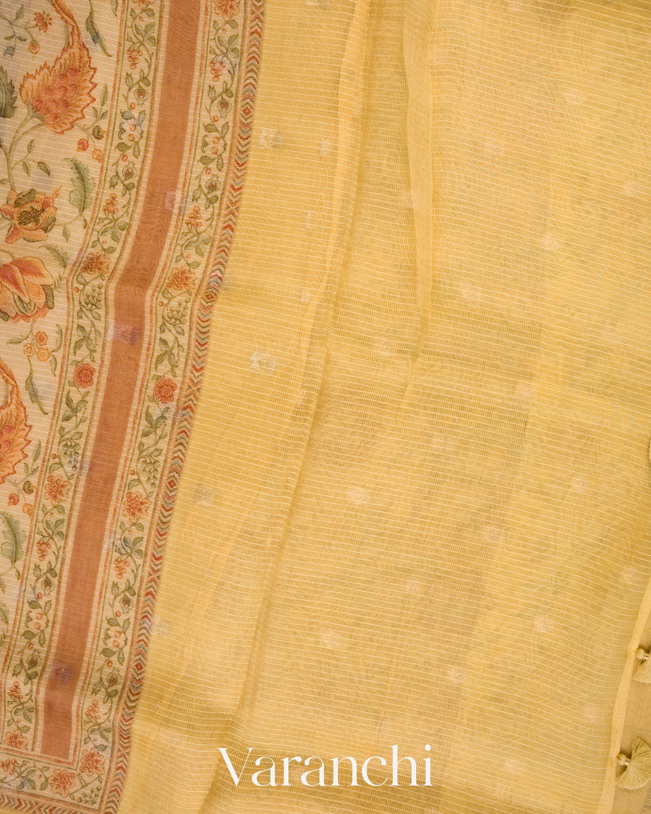 Honey Yellow Embroidered and Digital Printed Pure Kora Silk Saree