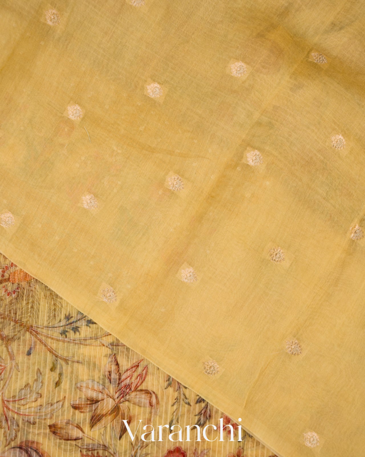 Honey Yellow Embroidered and Digital Printed Pure Kora Silk Saree