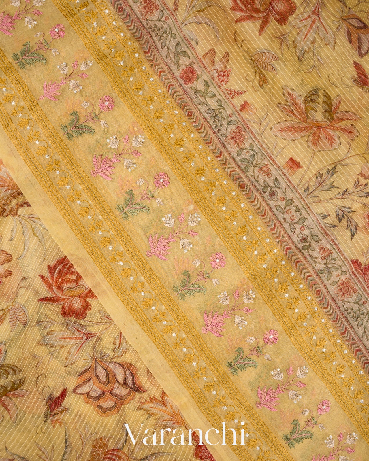 Honey Yellow Embroidered and Digital Printed Pure Kora Silk Saree