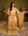 Honey Yellow Embroidered and Digital Printed Pure Kora Silk Saree