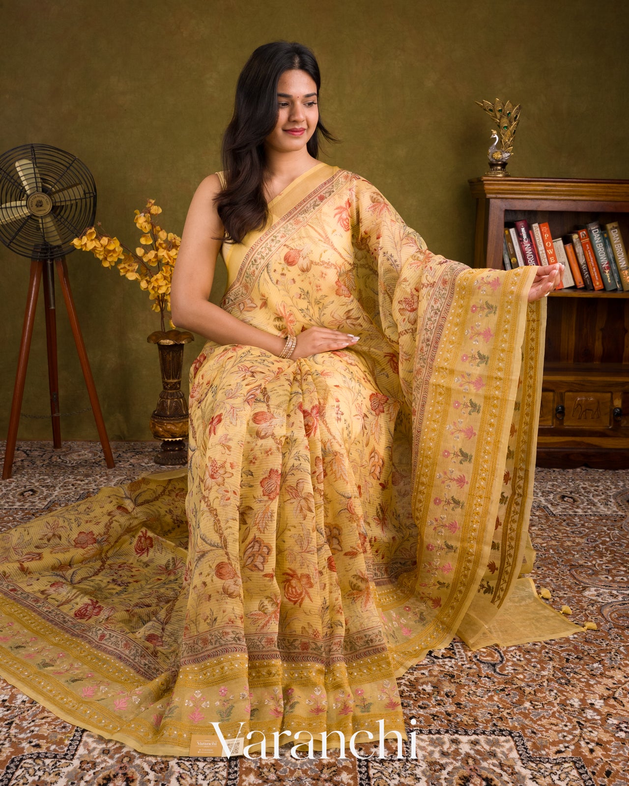 Honey Yellow Embroidered and Digital Printed Pure Kora Silk Saree