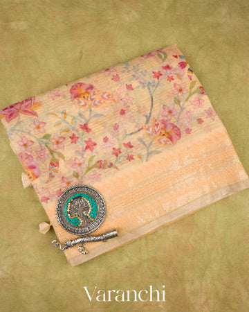 Buttercream Yellow Embroidered and Digital Printed Pure Kora Silk Saree