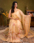 Buttercream Yellow Embroidered and Digital Printed Pure Kora Silk Saree