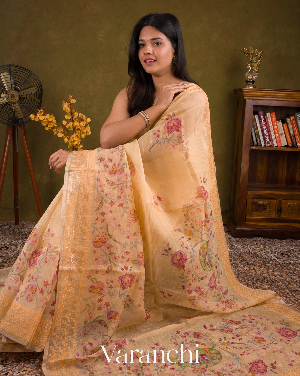 Buttercream Yellow Embroidered and Digital Printed Pure Kora Silk Saree