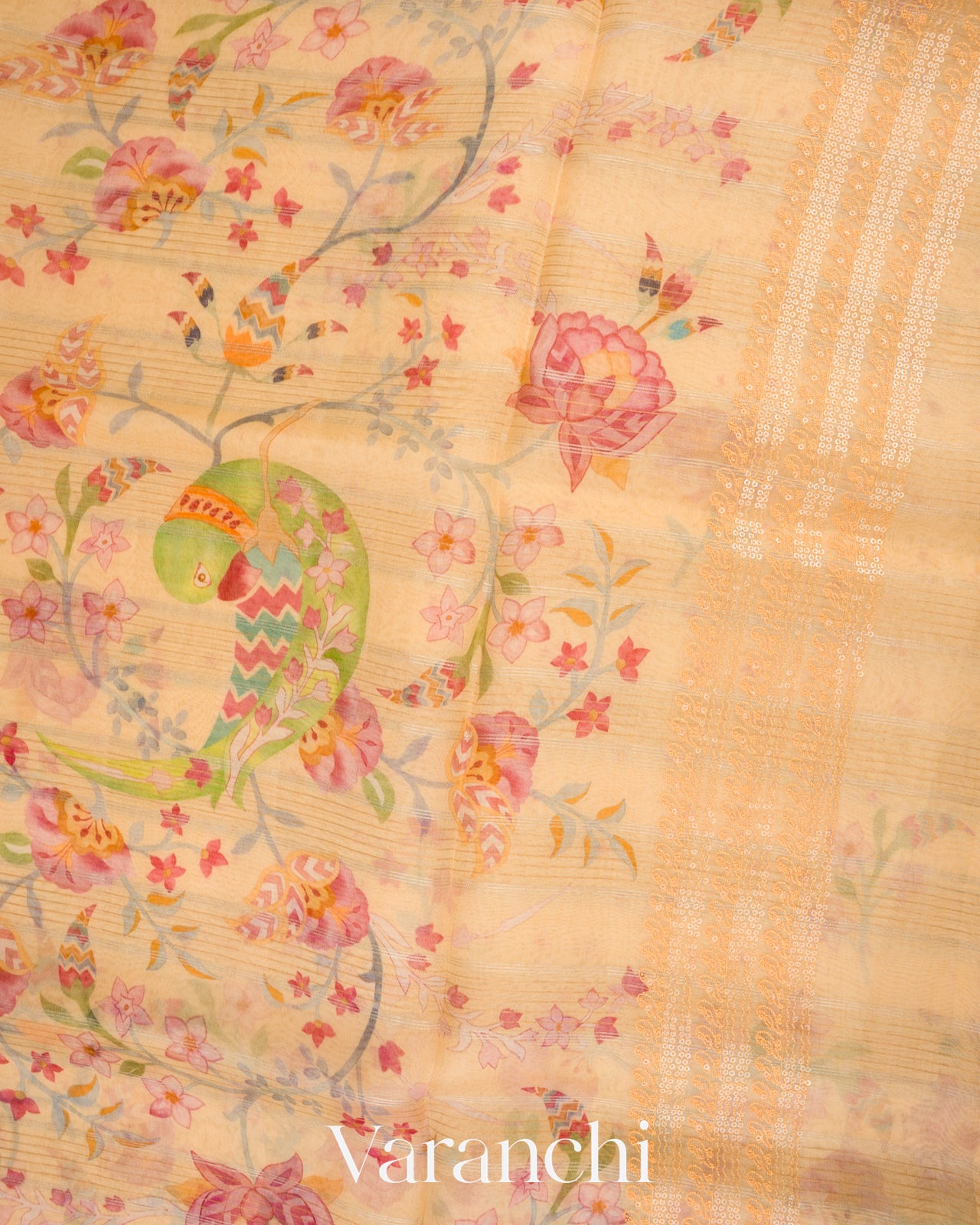 Buttercream Yellow Embroidered and Digital Printed Pure Kora Silk Saree