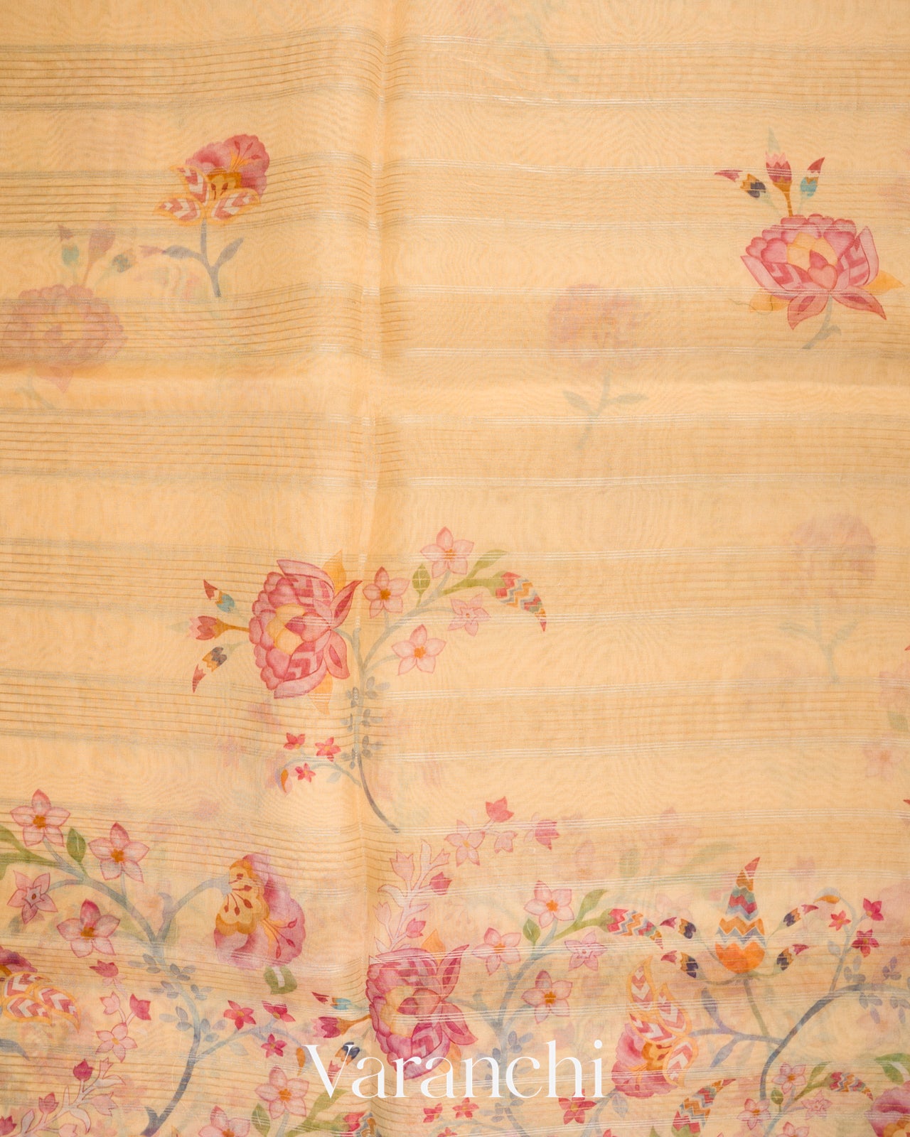 Buttercream Yellow Embroidered and Digital Printed Pure Kora Silk Saree