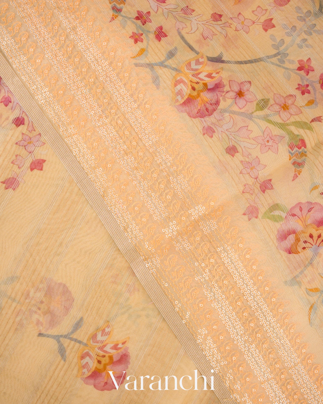 Buttercream Yellow Embroidered and Digital Printed Pure Kora Silk Saree