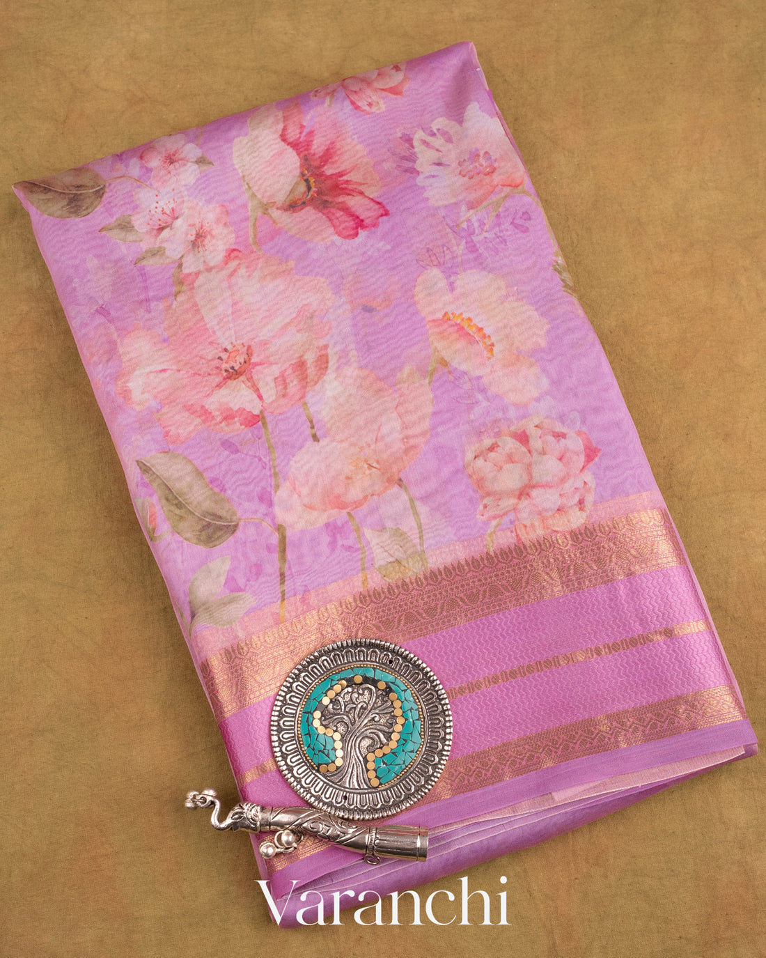 Lilac Floral Printed Pure Kora Silk Saree