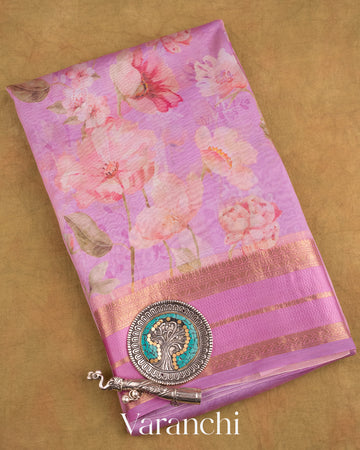 Lilac Floral Printed Pure Kora Silk Saree