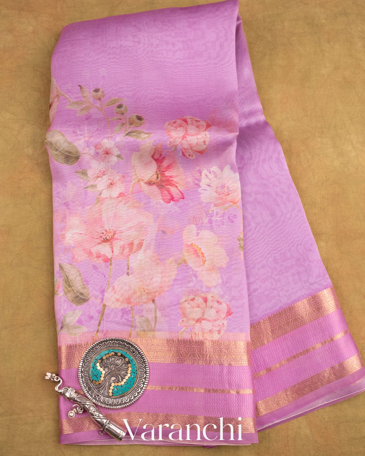 Lilac Floral Printed Pure Kora Silk Saree