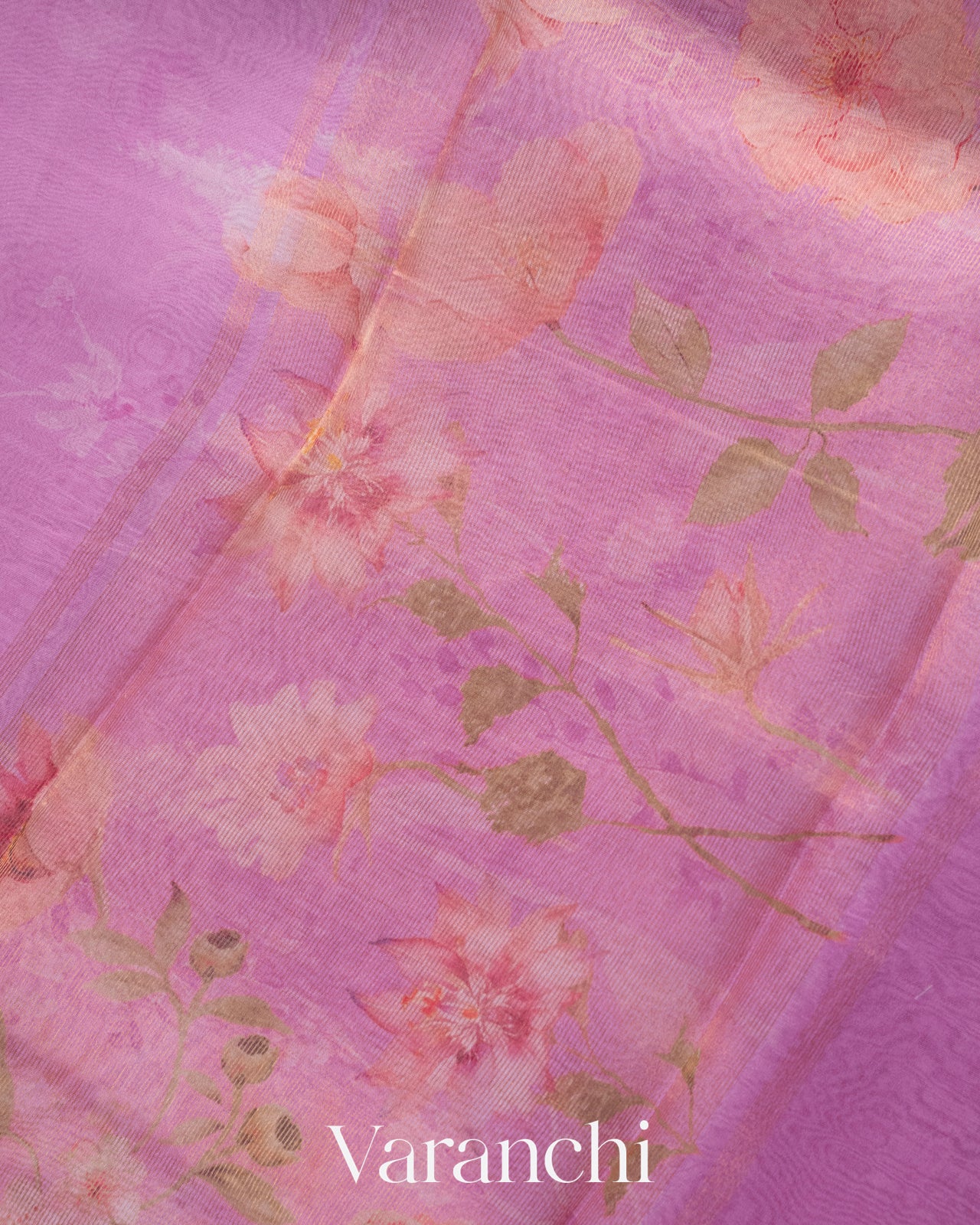 Lilac Floral Printed Pure Kora Silk Saree