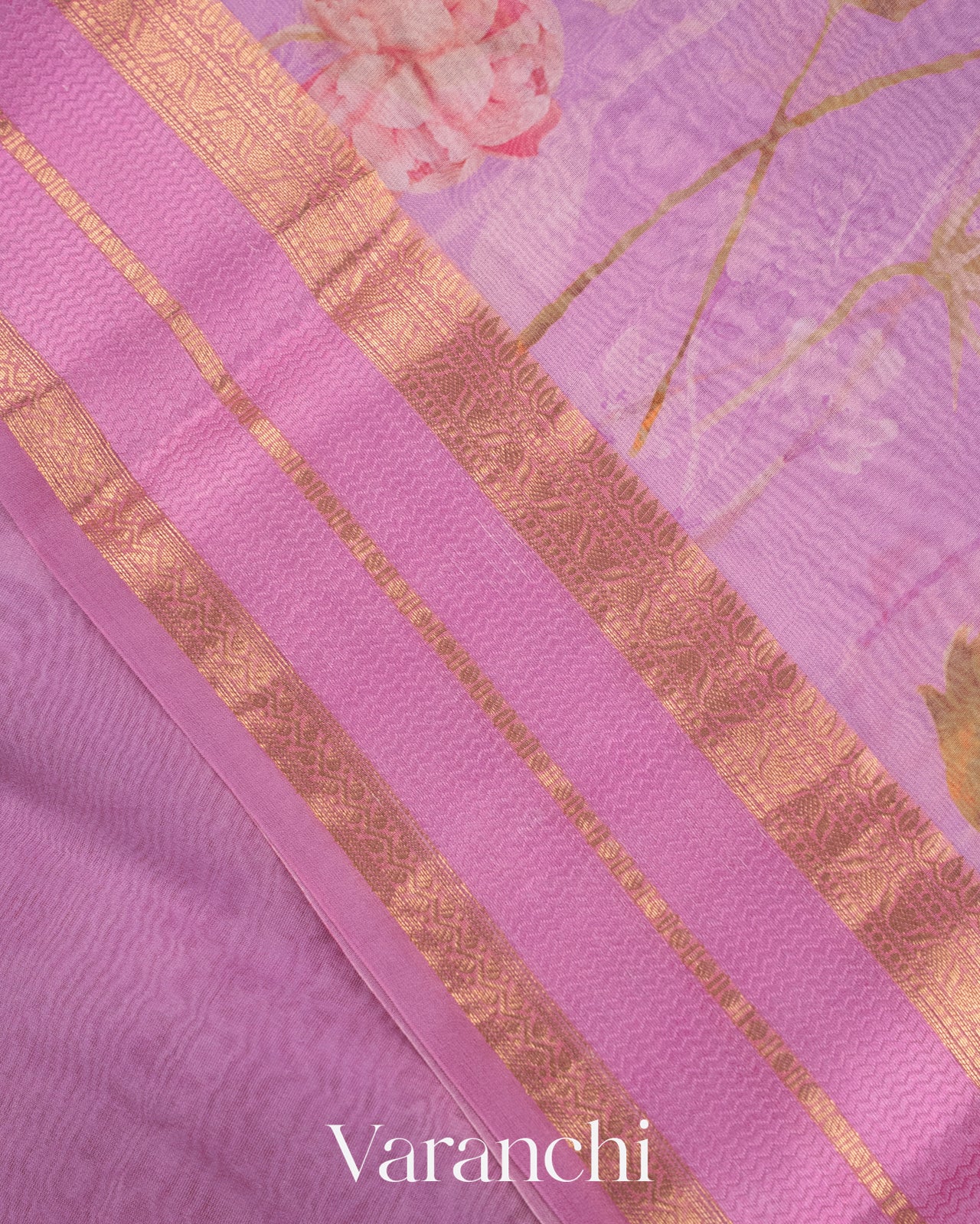 Lilac Floral Printed Pure Kora Silk Saree