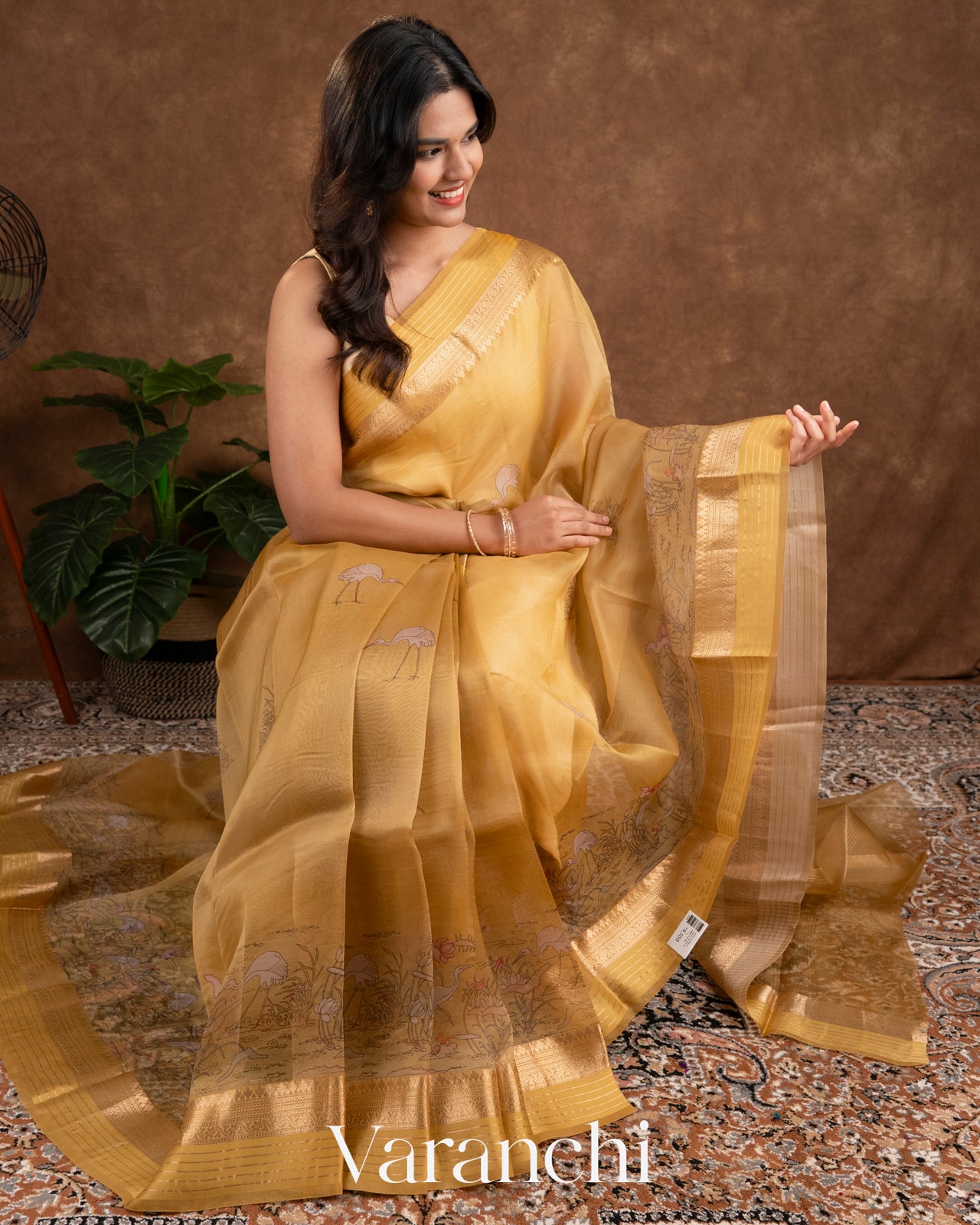 Mustard yellow Digital Printed Pure Kora Silk Saree