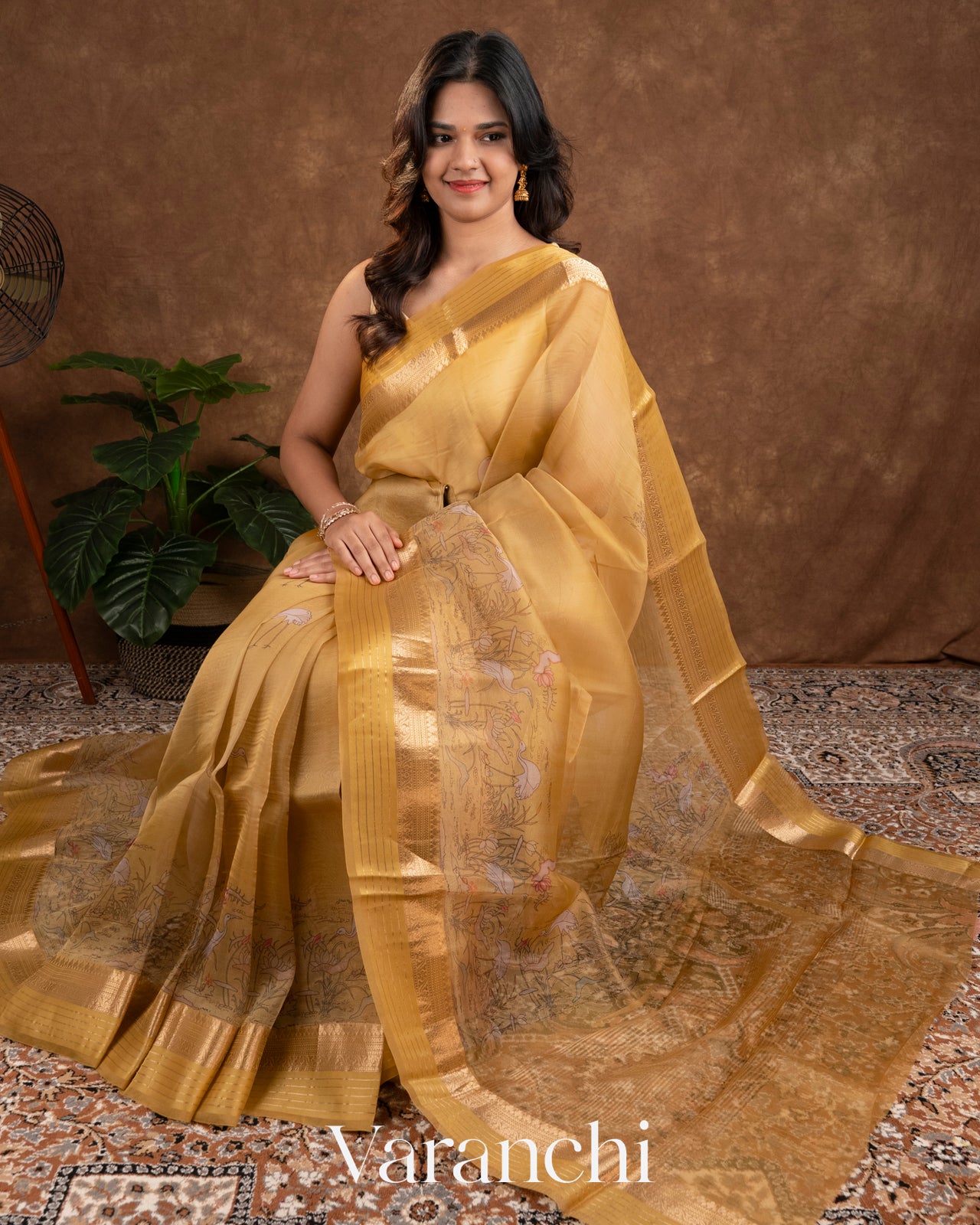 Mustard yellow Digital Printed Pure Kora Silk Saree