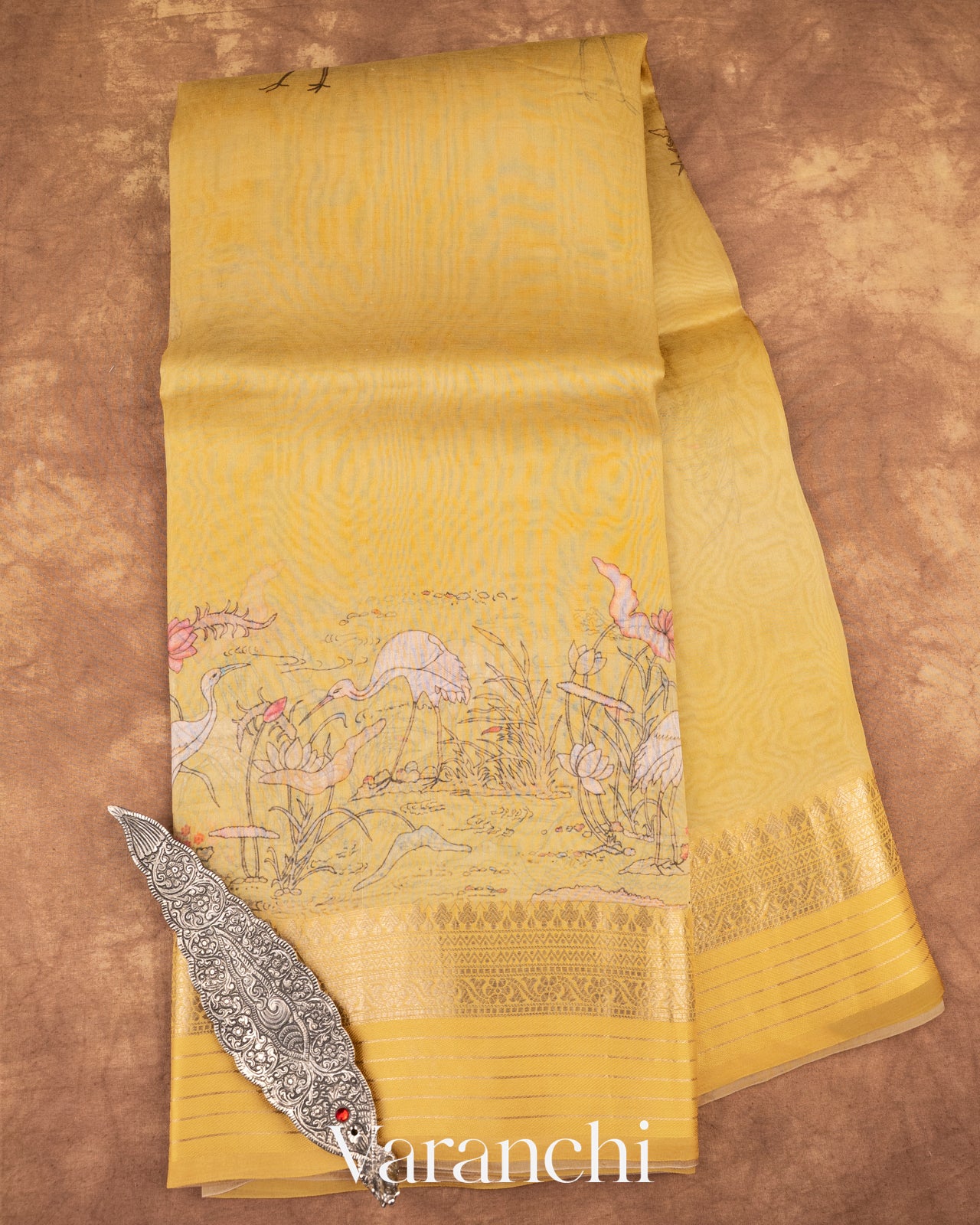 Mustard yellow Digital Printed Pure Kora Silk Saree