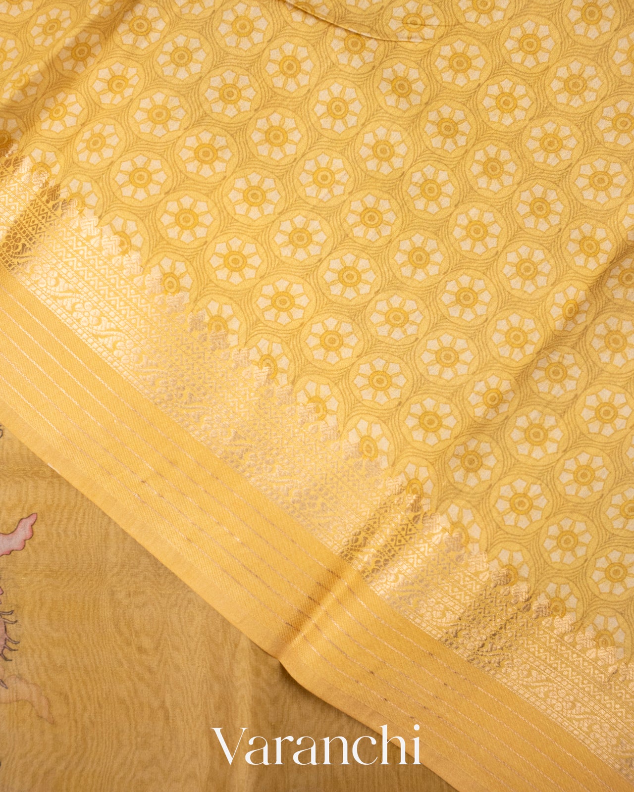 Mustard yellow Digital Printed Pure Kora Silk Saree
