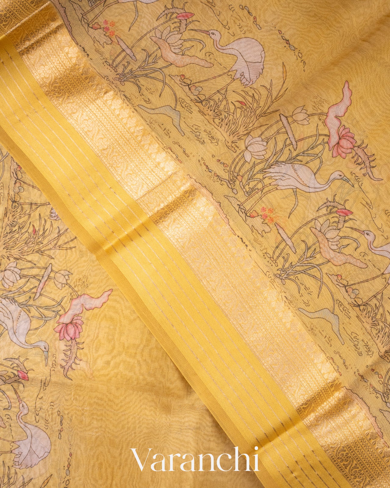 Mustard yellow Digital Printed Pure Kora Silk Saree