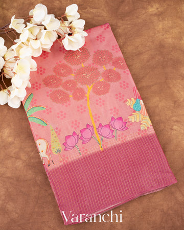 Rose Pink Pichwai Printed Pure Tussar Silk Saree