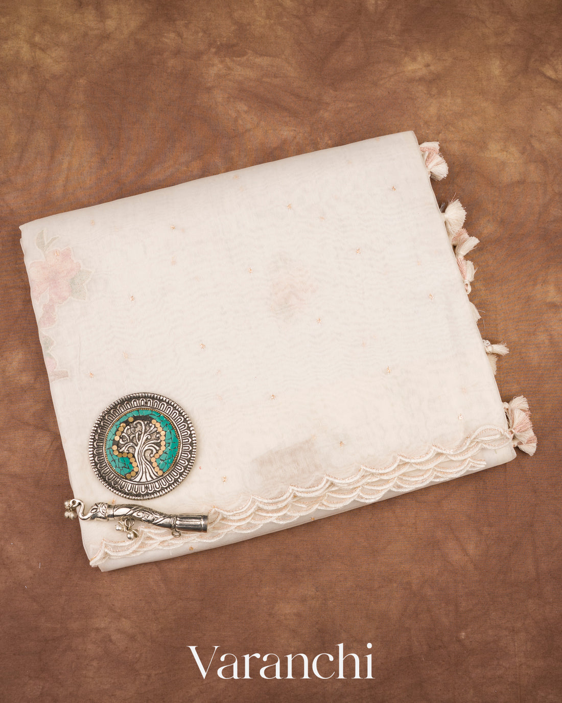 Off White Peacock Applique and Embroidered Pure Kora Silk Saree