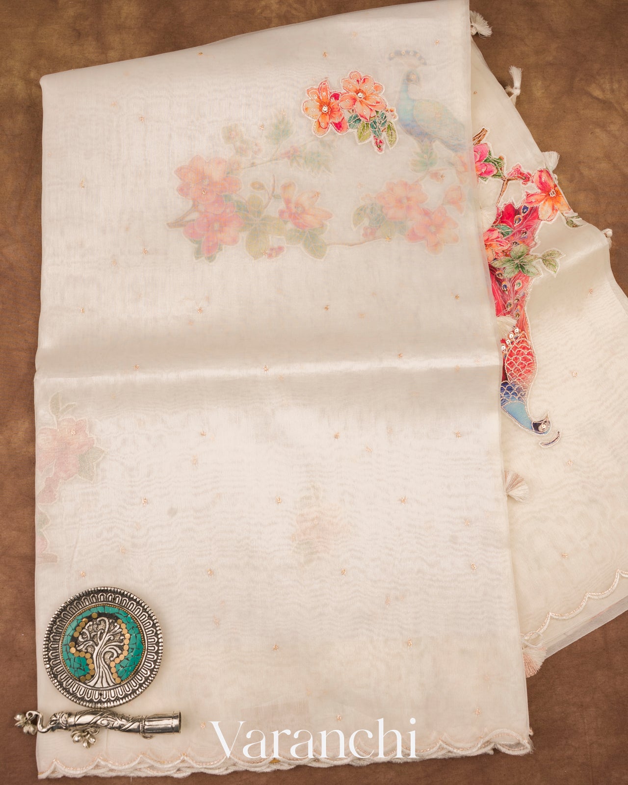 Off White Peacock Applique and Embroidered Pure Kora Silk Saree