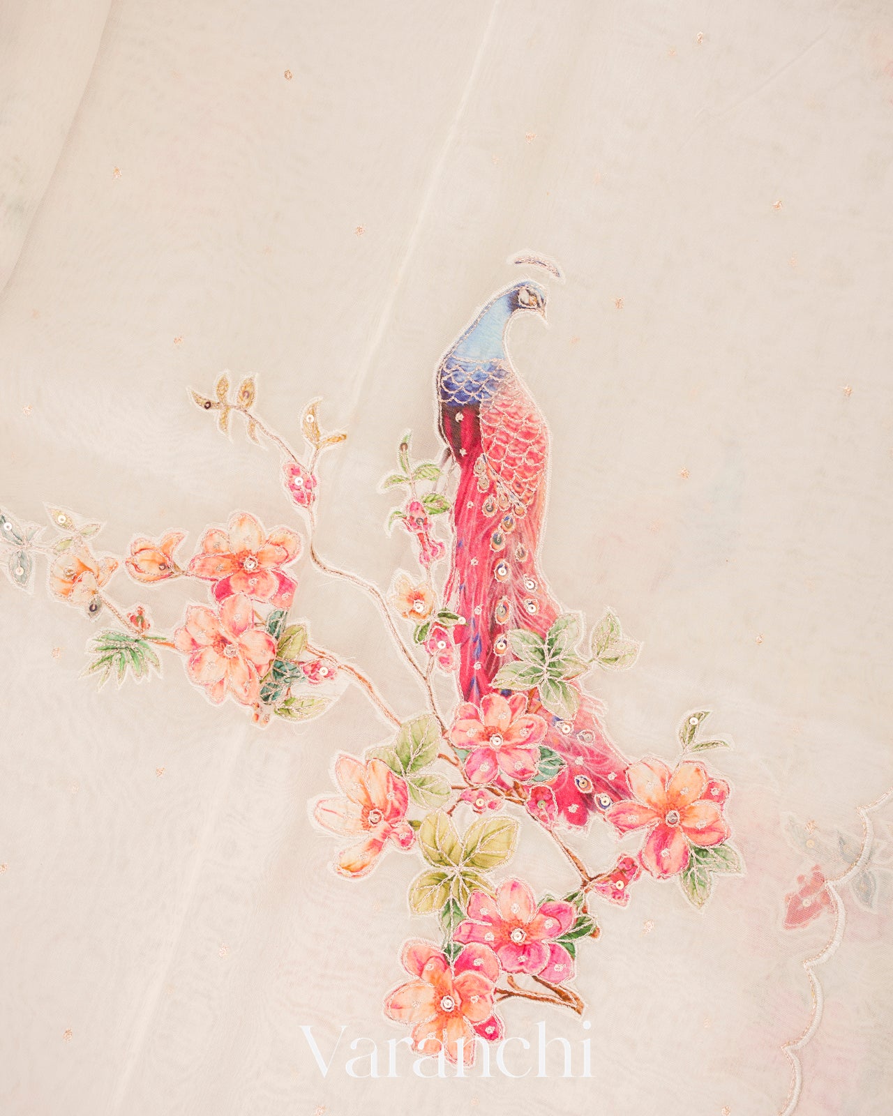 Off White Peacock Applique and Embroidered Pure Kora Silk Saree