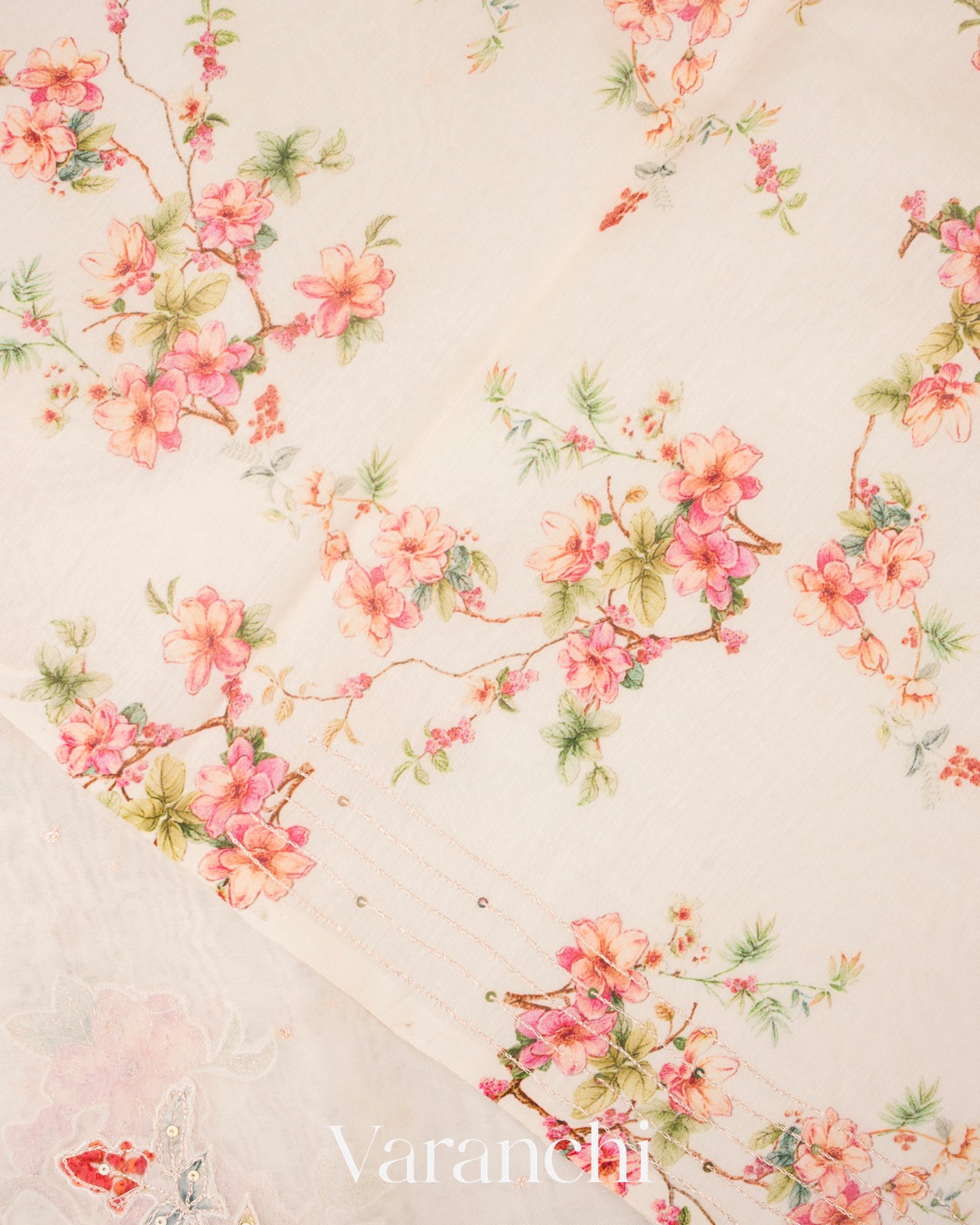 Off White Peacock Applique and Embroidered Pure Kora Silk Saree