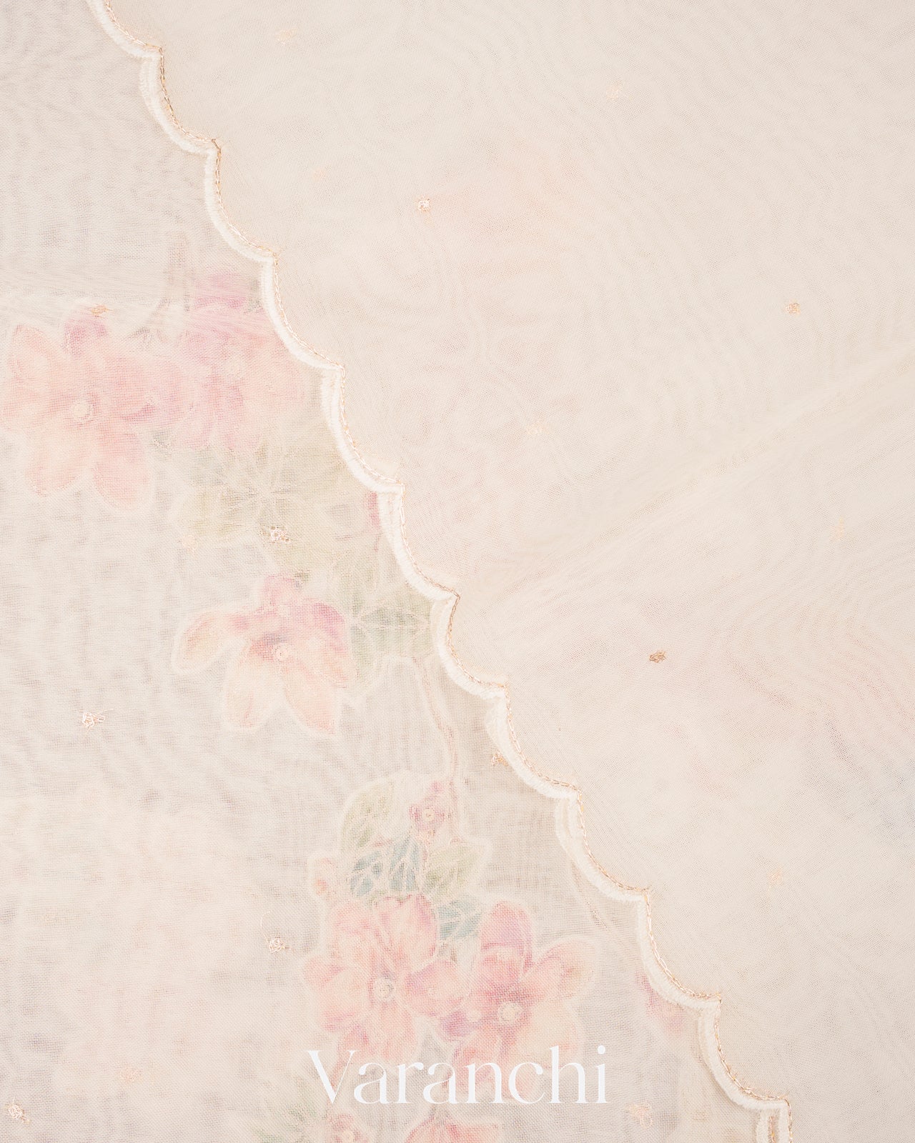 Off White Peacock Applique and Embroidered Pure Kora Silk Saree