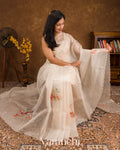 Off White Peacock Applique and Embroidered Pure Kora Silk Saree
