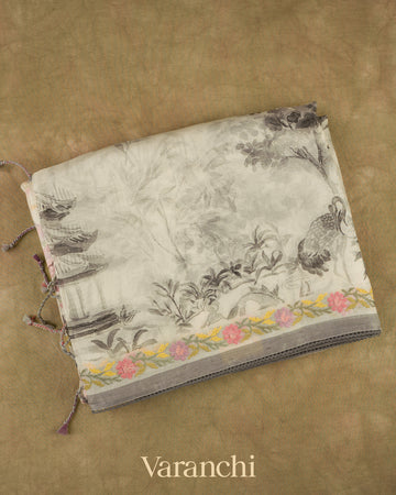 Off White Embroidered and Digital Printed Pure Kora Silk Saree
