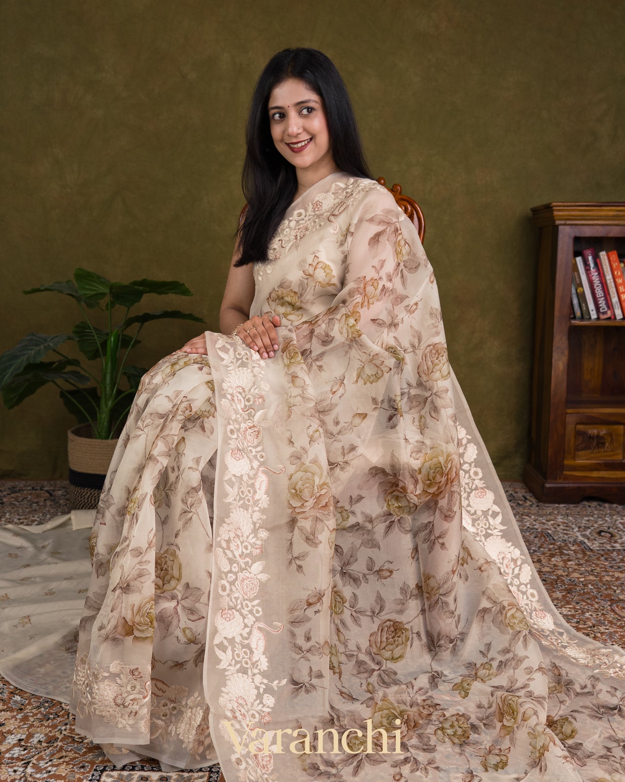 Offwhite with Embroidered Border Pure Kora Silk Saree