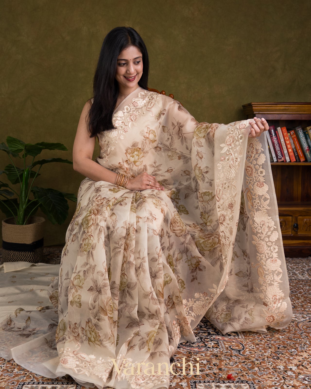 Offwhite with Embroidered Border Pure Kora Silk Saree