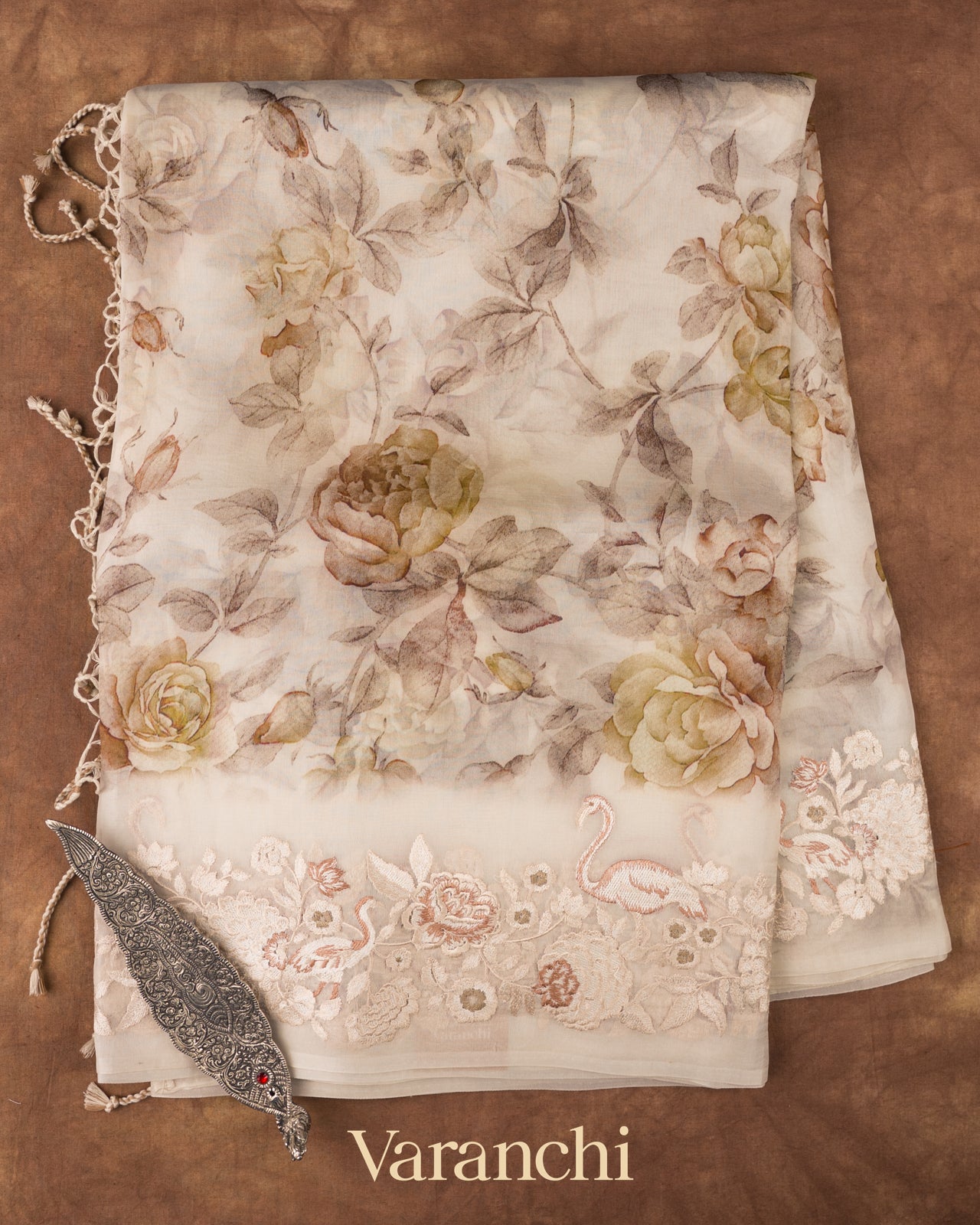 Offwhite with Embroidered Border Pure Kora Silk Saree
