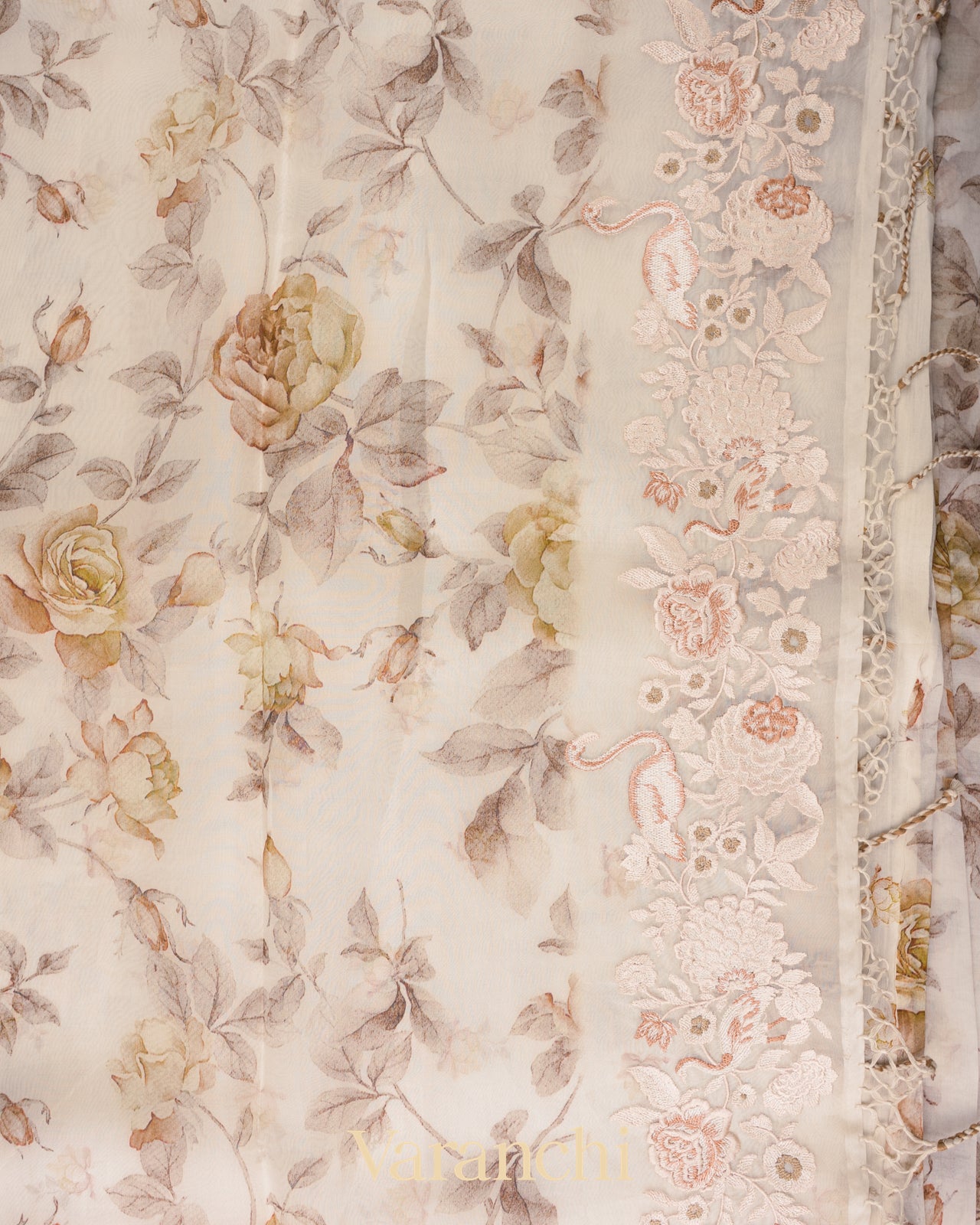 Offwhite with Embroidered Border Pure Kora Silk Saree