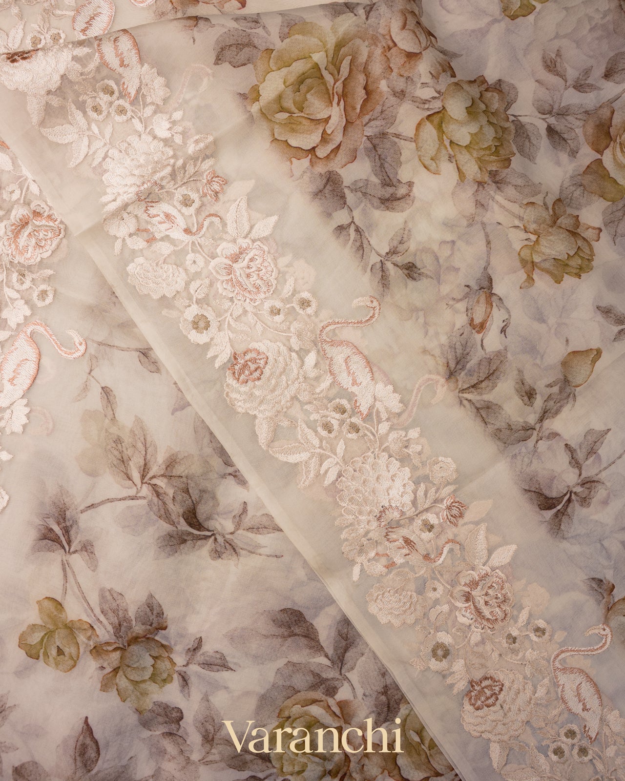 Offwhite with Embroidered Border Pure Kora Silk Saree