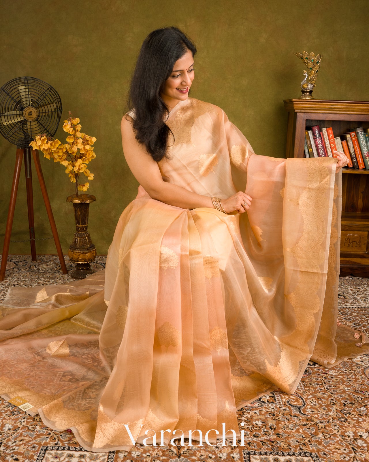 Muted Peach-Apricot Beige Pure Kora Silk Ombre-Dyed Handloom Saree 