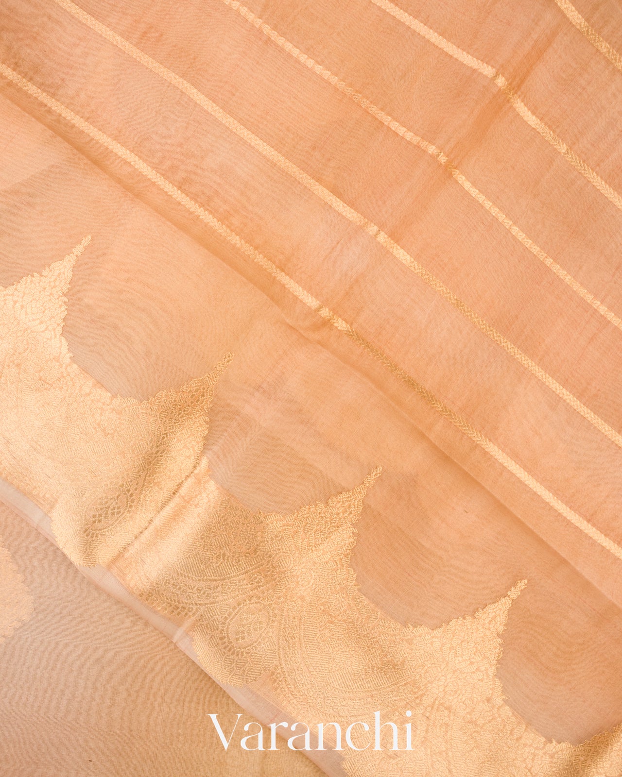 Muted Peach-Apricot Beige Pure Kora Silk Ombre-Dyed Handloom Saree 