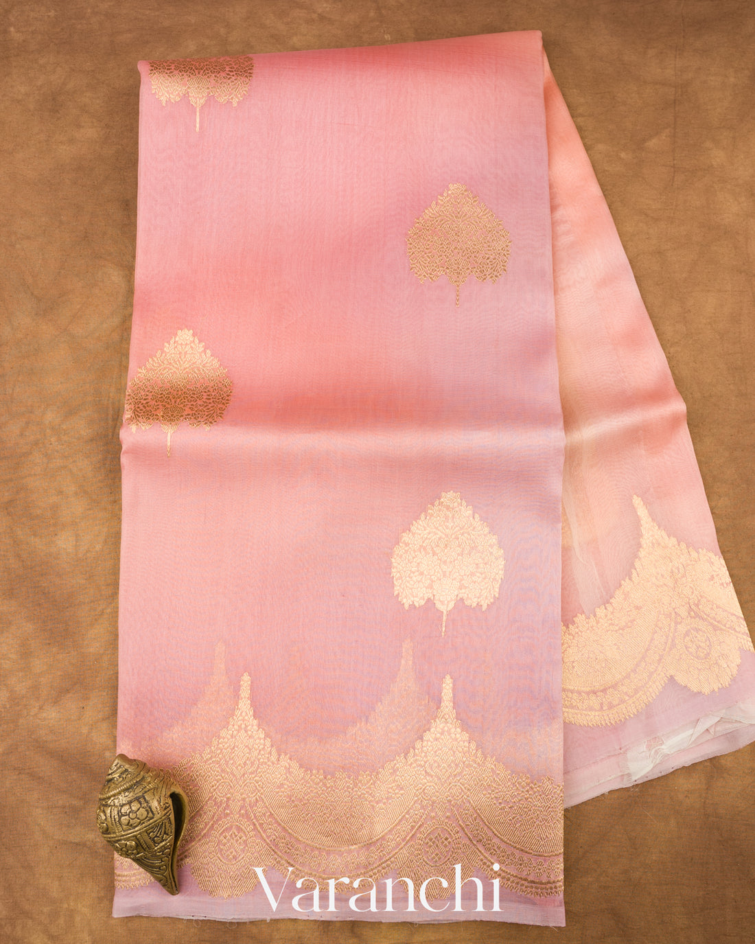 Blush Pink-Peach Rose Pure Kora Silk Ombre-Dyed Handloom Saree