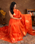 Saffron Orange Borderless Pure Kora Silk Handloom Saree 