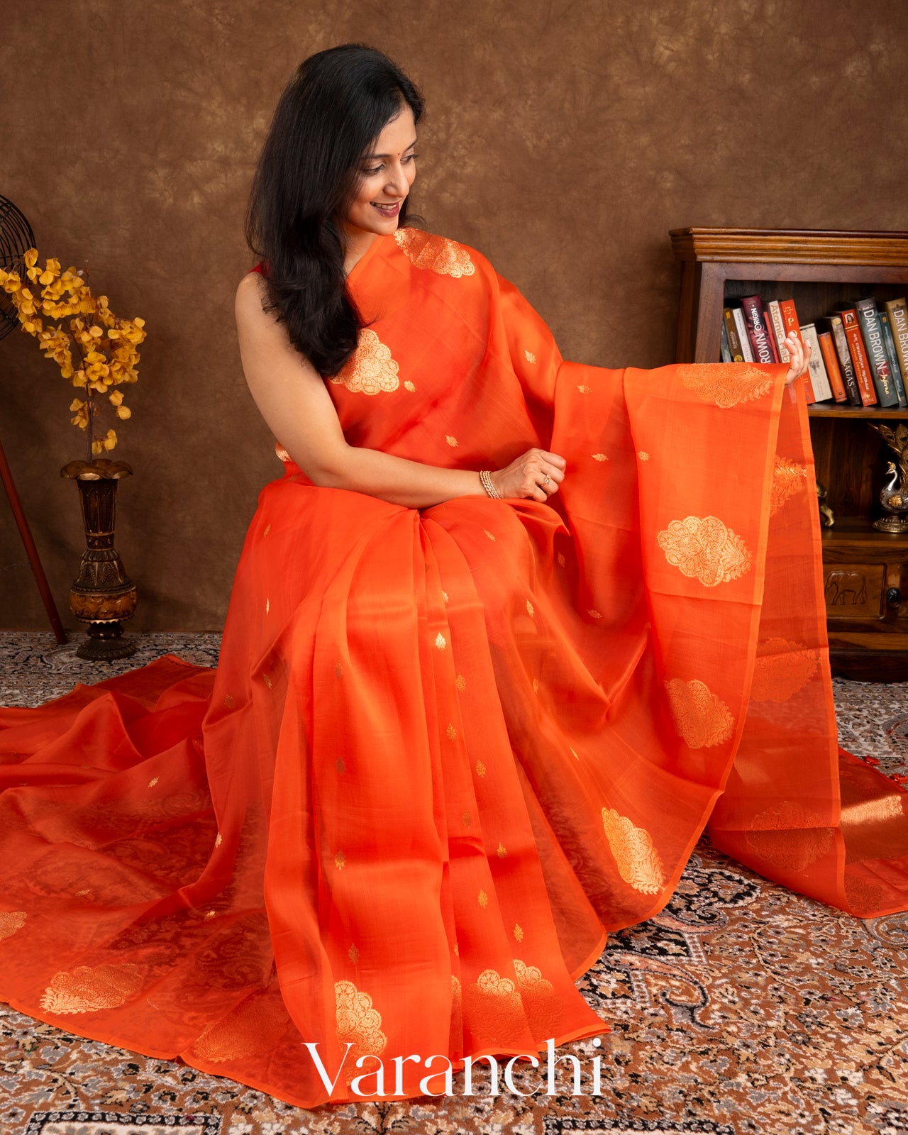 Saffron Orange Borderless Pure Kora Silk Handloom Saree 