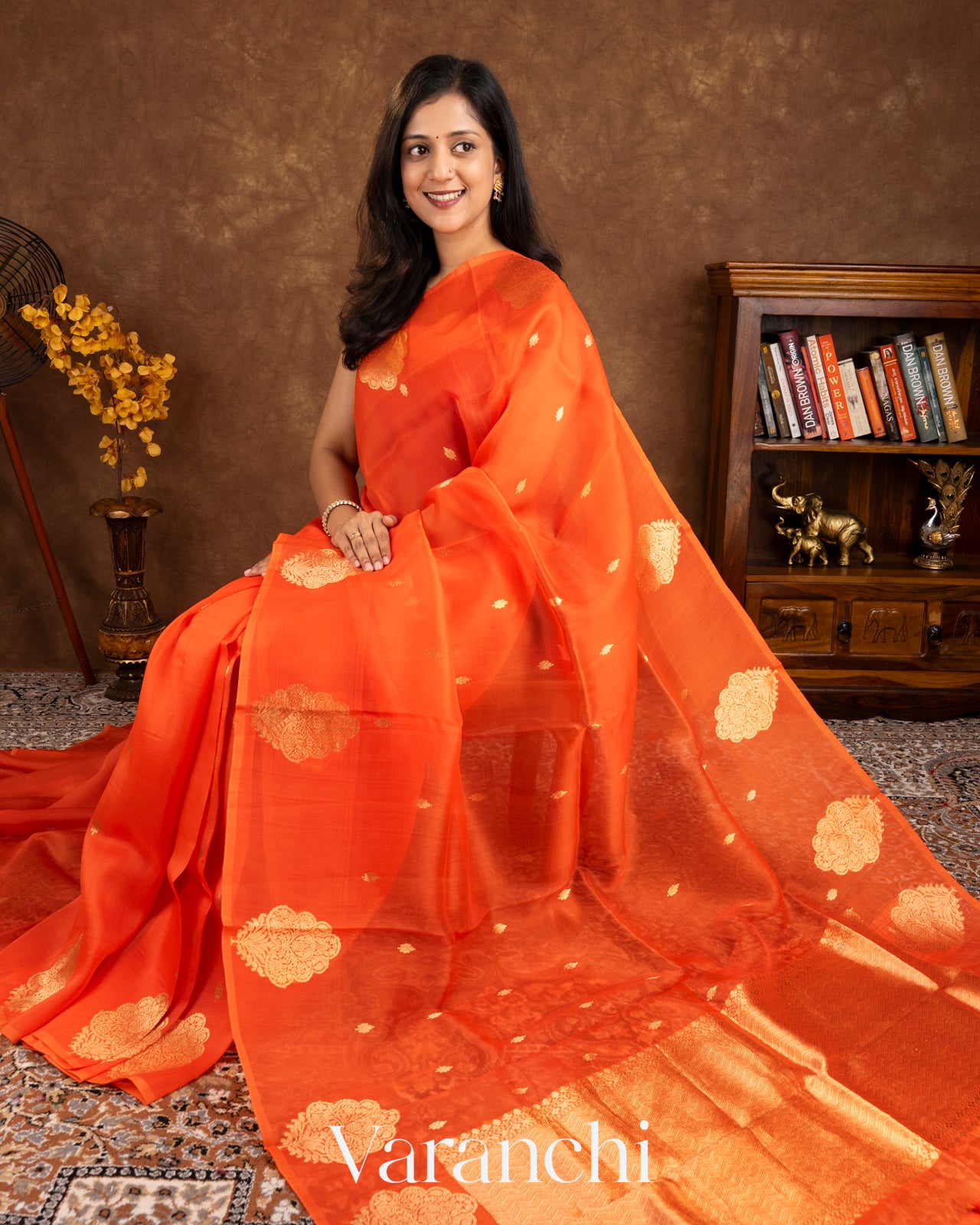 Saffron Orange Borderless Pure Kora Silk Handloom Saree 