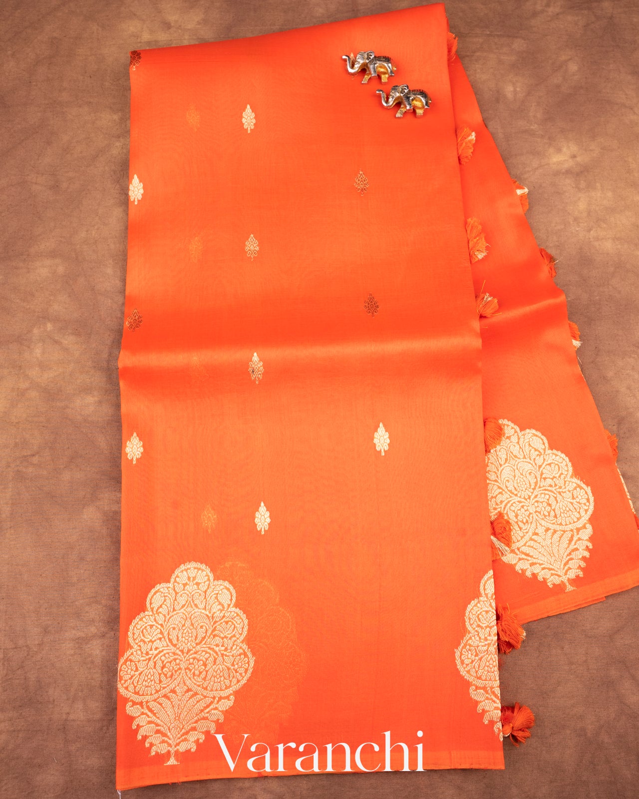 Saffron Orange Borderless Pure Kora Silk Handloom Saree 