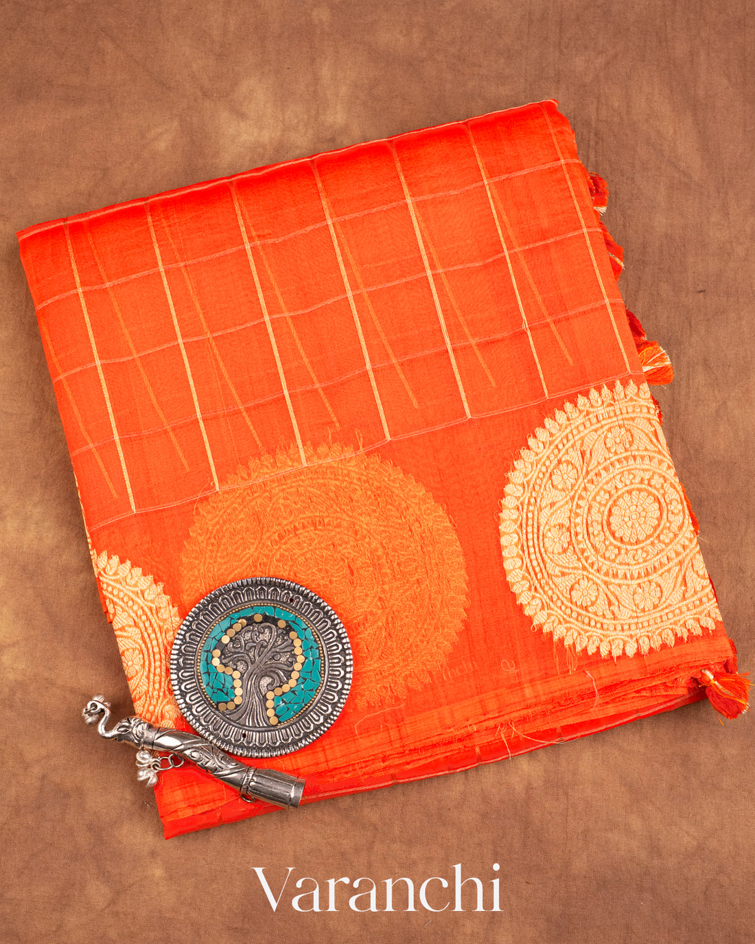 Bright Orange Checks Pure Kora Silk Handloom Saree