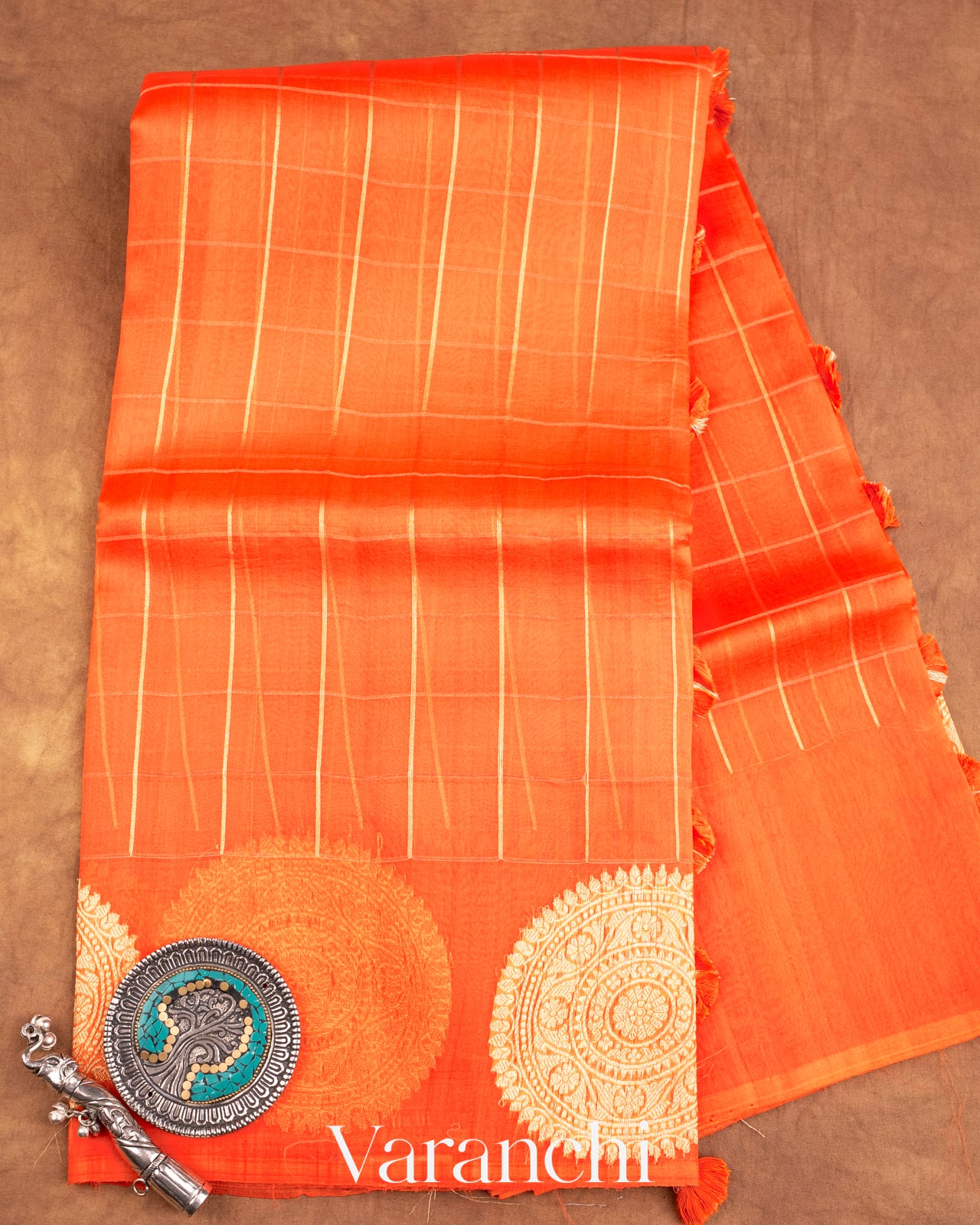 Bright Orange Checks Pure Kora Silk Handloom Saree