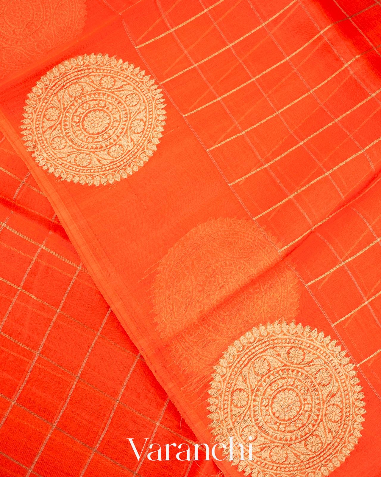Bright Orange Checks Pure Kora Silk Handloom Saree