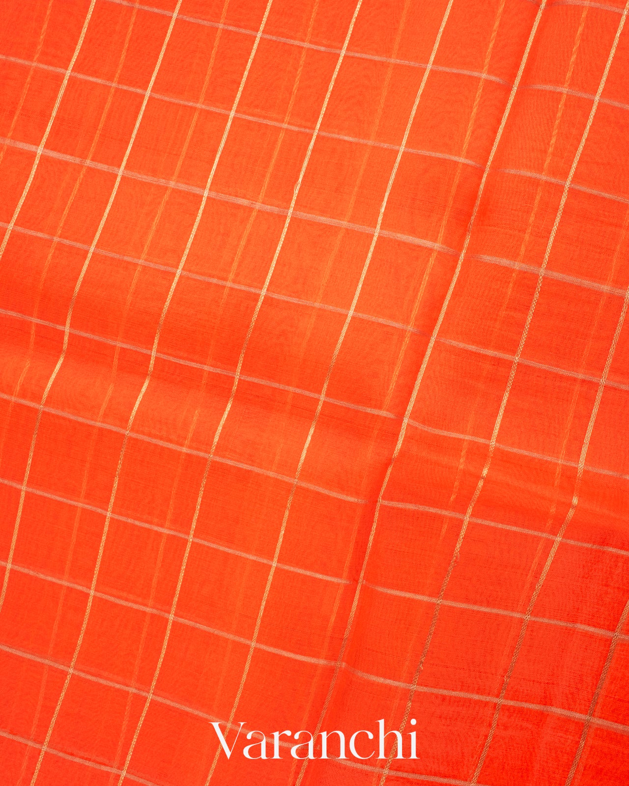 Bright Orange Checks Pure Kora Silk Handloom Saree