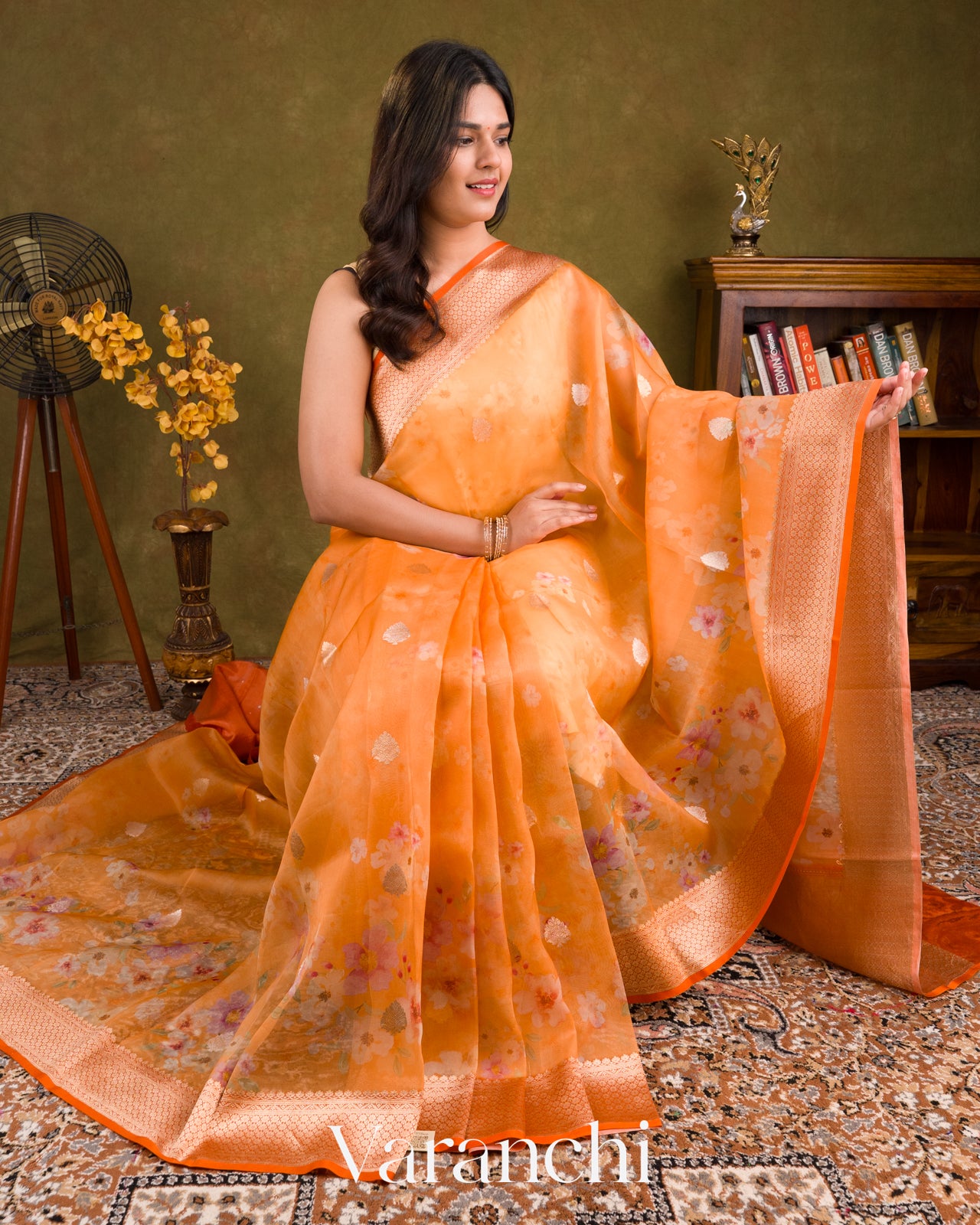Light Orange Printed Pure Kora Silk Saree