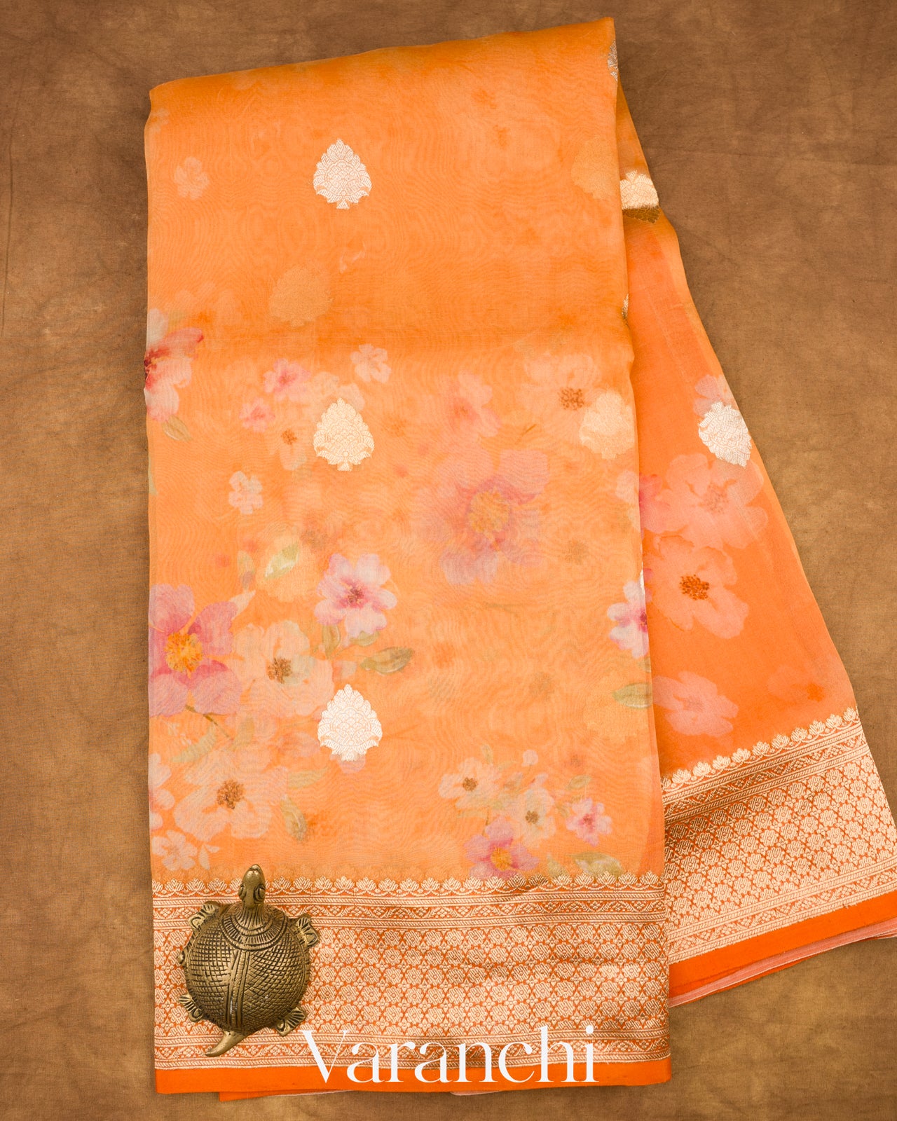 Light Orange Printed Pure Kora Silk Saree