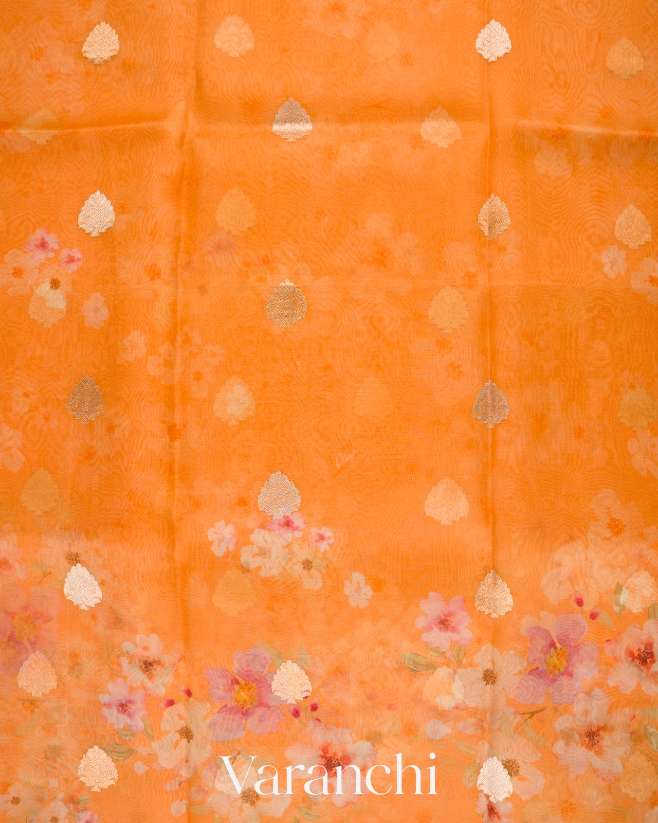 Light Orange Printed Pure Kora Silk Saree