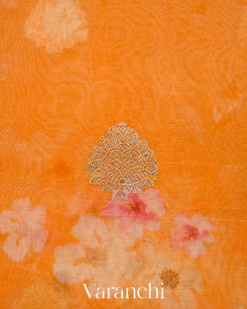 Light Orange Printed Pure Kora Silk Saree